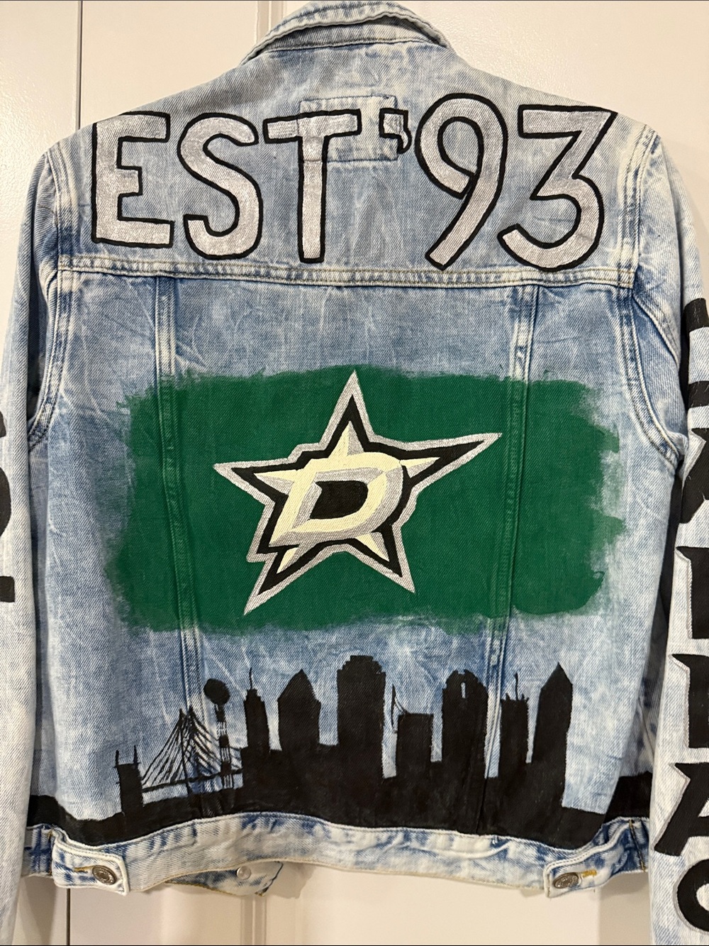 Distressed Light Wash Denim Jacket with Dallas Stars Texas Hockey Hand Design - Picture 8 of 8